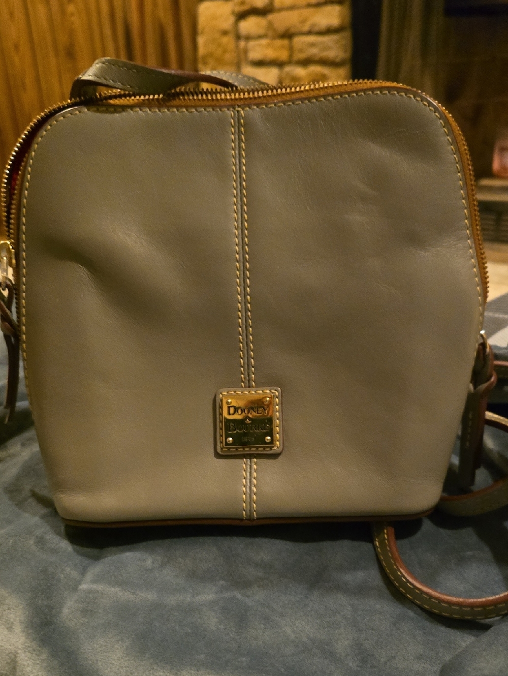 Dooney & Bourke Light Gray Leather Crossbody with Gold Plaque